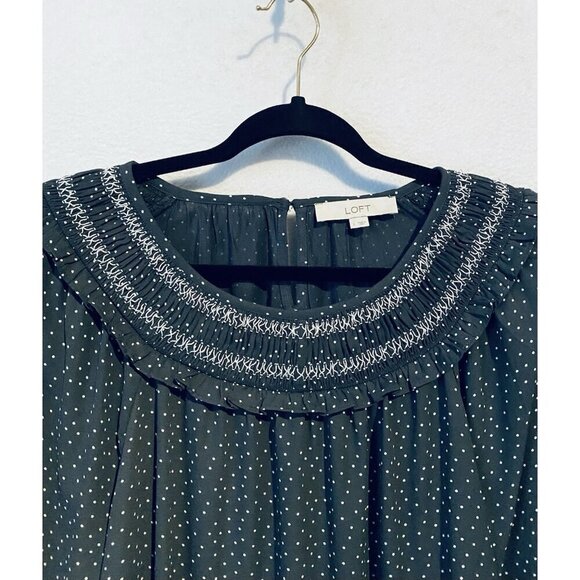 LOFT Top Womens Large Gray Dotted Smocked MIxed Media Cottagecore Romantic Flowy - Picture 3 of 8
